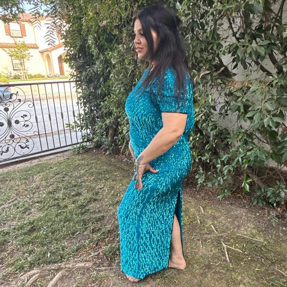 Vintage Stenay Teal Blue Sequins/intricate beaded sz.12 Dress